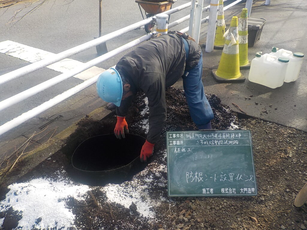 三芳町|【土木工事】町道歩道修繕 三芳町 街路樹 防根シート設置