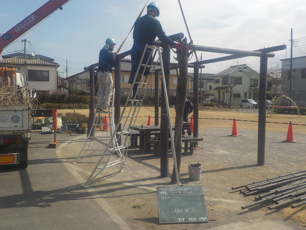 三芳町　造園工事　公園　藤棚　撤去中